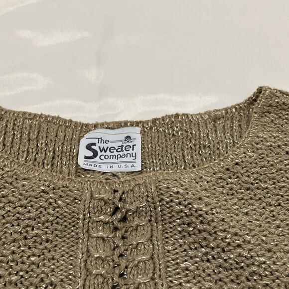 Beige Tan Crochet Open Knit Sweater Vintage USA Sheer Accent Detail Short Sleeve - Picture 3 of 5